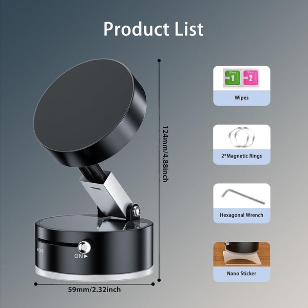 Vacuum Suction Magnetic Car Phone Holder Mount Fit All Phones,Adjustable Phone Holders for Your Car,Mechanical Lock No Need Charging,Metal Ring