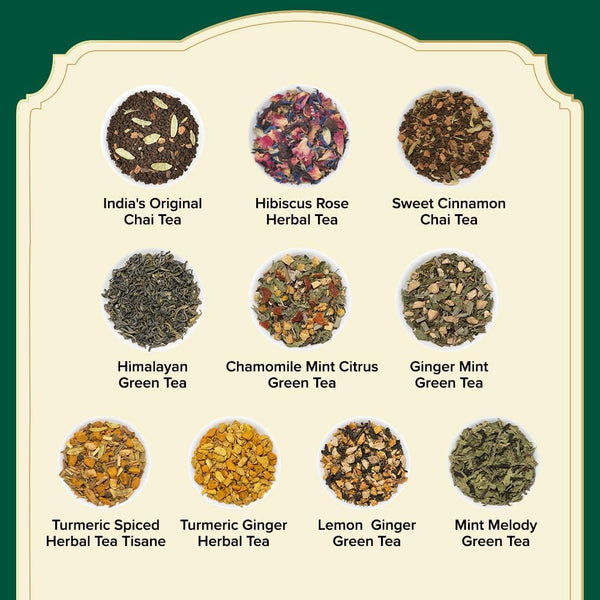 VAHDAM, Assorted Tea Sampler (20 Delicious Variety, 40 Individually Wrapped Pyramid Teabags) Long Leaf Premium Teas I Tea Gift Set I Gift Ideas