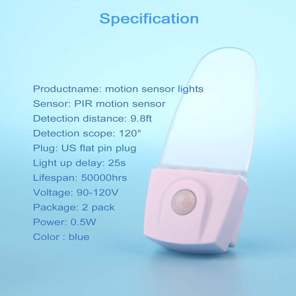 GREENIC Blue Motion Sensor Night Light Plug in 2 Pack, 0.5W LED Motion Detector Night Light Lamp, Automatic Motion Activated Nightlights for