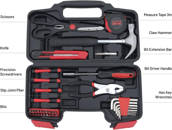 Hantinstom 39-Piece Household Tools Kit Essential Home Repair Set with Plastic Toolbox Ideal for College Students, Home Use & More 39pcs-RED