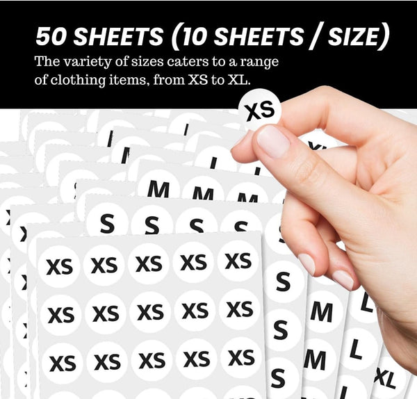 Versatile Self-Adhesive Round Size Stickers | 2000-Pack Multi-Size Labels | 3/4" Diameter XS-XL | Retail Clothing Tag Stickers | White Background