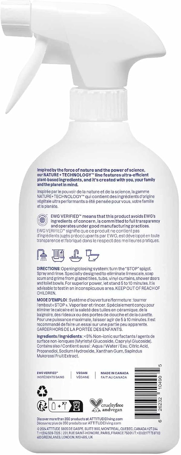ATTITUDE Bathroom Cleaner Spray, EWG Verified, Plant-Based & Vegan, Safe for Bathroom Surfaces, Tiles, Tubs, Shower Walls, and Grout, Unscented,