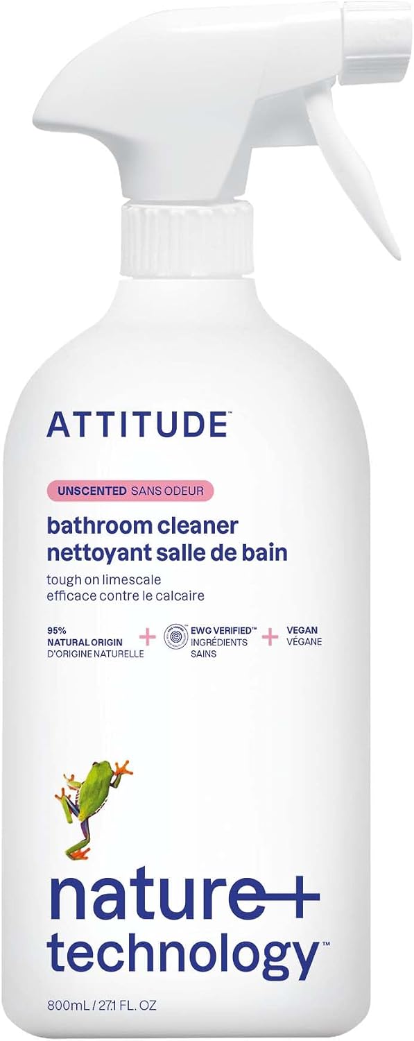 ATTITUDE Bathroom Cleaner Spray, EWG Verified, Plant-Based & Vegan, Safe for Bathroom Surfaces, Tiles, Tubs, Shower Walls, and Grout, Unscented,