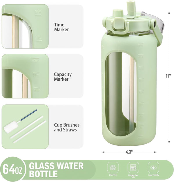 BLUEGO 64Oz Glass Water Bottles with Straw Time Marker Half Gallon Large Motivational Water Bottle with Silicone Sleeve 2 Liter Large Glass Water