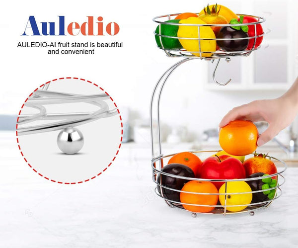 Auledio 2-Tier Countertop Fruit Vegetables Basket Bowl Storage With Banana Hanger,Chrome