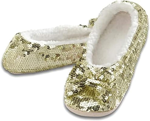 Snoozies Ballerina Bling Metallic Shine Slippers | Sequin House Shoes for Women | Slipper Socks with Grippers | Cute Indoor Footwear Medium Gold
