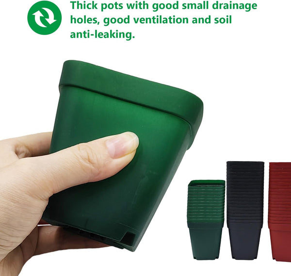 Square Plastic Nursery Pot 3" 120 Pcs Deep Succulent Pots Small Flower Planter Seeds Starter Pots with Drainage (Green,Black,Red 40Pcs Each,2.7Inches)
