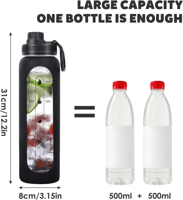 GIEMIT Glass Water Bottles 32oz with Silicone Sleeve Drinking Hydration Bottles Reusable Borosilicate Wide Mouth Motivational Water Flask Canteen