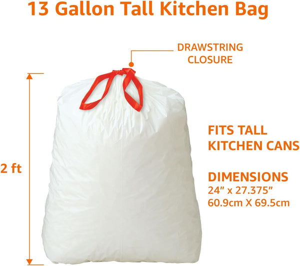 Amazon Basics 13 Gallon Tall Kitchen Drawstring Trash Bags, Clean Fresh Scent, 10% Post Consumer Recycled Material, 80 Count White 1 Count (Pack