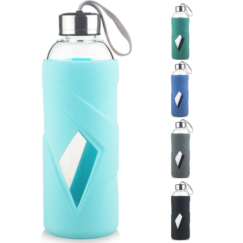 32 OZ Borosilicate Glass Water Bottle BPA Free Reusable Glass Drinking Bottle with Silicone Sleeve and Stainless Steel Lid Light Blue