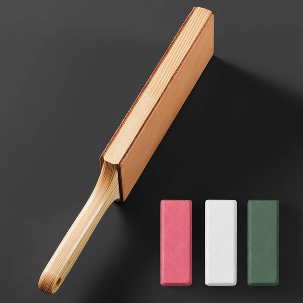 Angerstone Oversize Double Sided Leather Strop Kit(3" Knife Stropping Leather）with Ergonomic Handle - Knife Strop for Sharpening Knives, Wood