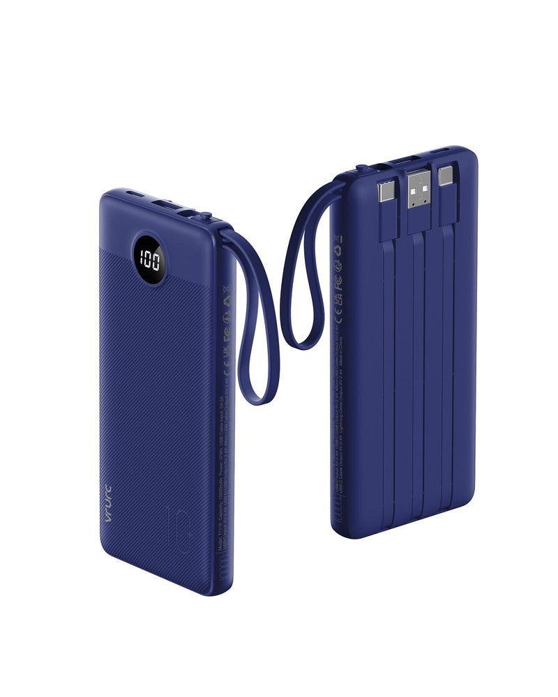 VRURC Portable Charger, Built in 4 Cables & Lanyard Power Bank 10000mAh Navy