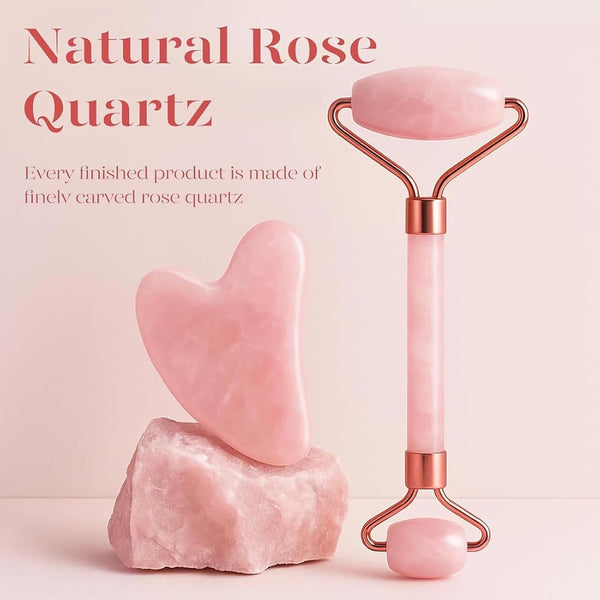 BAIMEI IcyMe Rose Quartz Roller & Gua Sha Facial Tool Set for Depuffing | Cooling Face Roller for Lymphatic Massage,Sculpting Tool for Face, Eyes