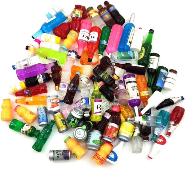 Miniature Food Drink Bottles Pretend Play Kitchen Game Party Toys (10 Bottles + 10 Foods（Random）)