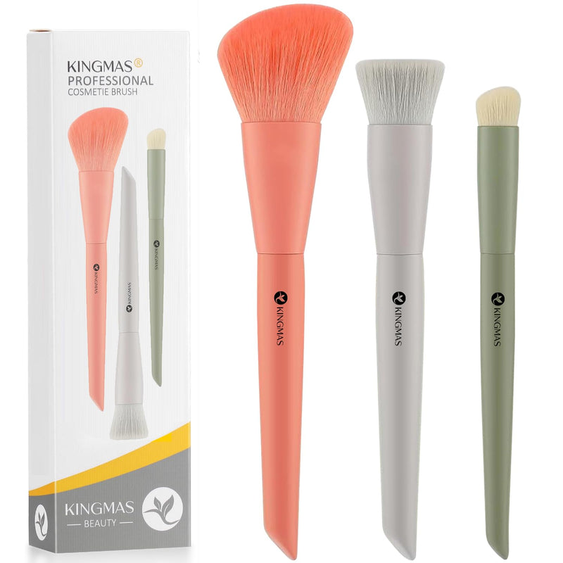 KINGMAS 3Pcs Foundation Brush Contour Concealer Brush Set, Under Eye & Blusher Brush Face Kabuki Makeup Brushes