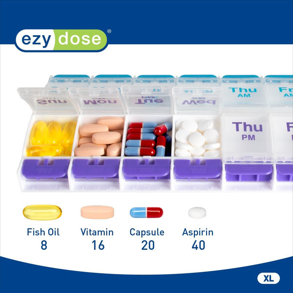 Ezy Dose Weekly (7-Day) AM/PM Pill Organizer, X-Large Case, Blue/Purple | Daily Vitamin Box & Supplement Medicine Planner, 2 Times a Day Push