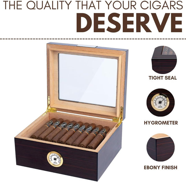 Premium Cigar Humidor for 25-50 Cigars - Elegant Humidor Humidor with Hygrometer and Humidifier - Cedar Lined Cigar Box for Optimal Humidity