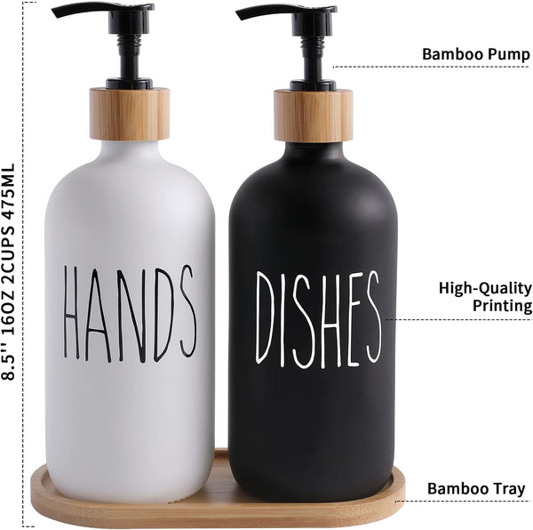 MOMEEMO Soap Dispenser Set, Contains Hand and Dish Soap Dispenser, Suitable for Kitchen Decor. (Black & White) Hd Black White & Tray