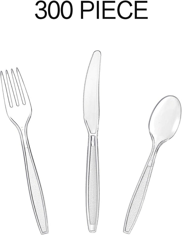 Cutlery Set Plastic Utensils Clear Forks Spoons Knives Disposable Silverware Heavyweight [300 Combo Box] combo clear