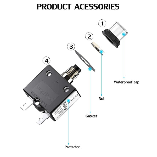 Thermal Circuit Breaker,98 Series 40A 125/250VAC Circuit Breaker Push-Button Reset with Quick Connect Terminals and Waterproof Button Cover 32VDC