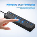 USB Hub 7 Port, USB Splitter with Individual On/Off Switches and Lights. Black