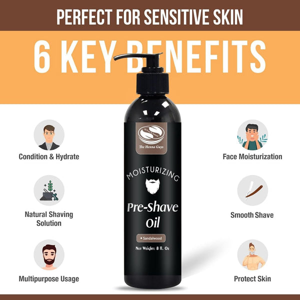 The Henna Guys 8 Fl. Oz Pre-Shave & Beard Conditioning Oil for Men, Sandalwood Scent, with Jojoba, Argan, & Marula Oils, Free from Ammonia,