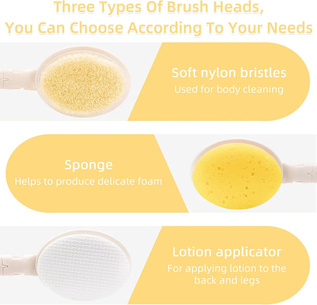 LFJ 19" Long Handle Shower Sponge Brush Set, 3 in 1 Body Brush, Bath Sponge and Lotion Applicator Improved Skin Health, 