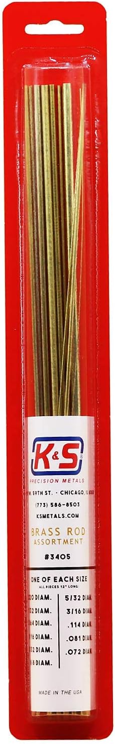 K&S 3405 round Brass Rod Assortment, 11 Pieces, Made in the USA