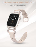 Minyee Leather Bands Compatible with Apple Watch Band 38/40/41/42/44/45/46/49mm Women, Slim Thin Dressy Designer Strap with C-Shape Metal Buckle