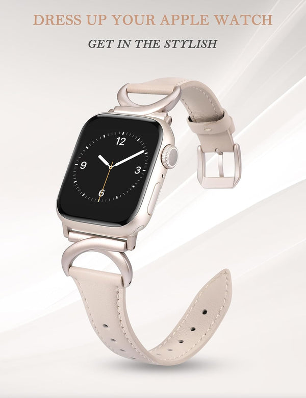Minyee Leather Bands Compatible with Apple Watch Band 38/40/41/42/44/45/46/49mm Women, Slim Thin Dressy Designer Strap with C-Shape Metal Buckle