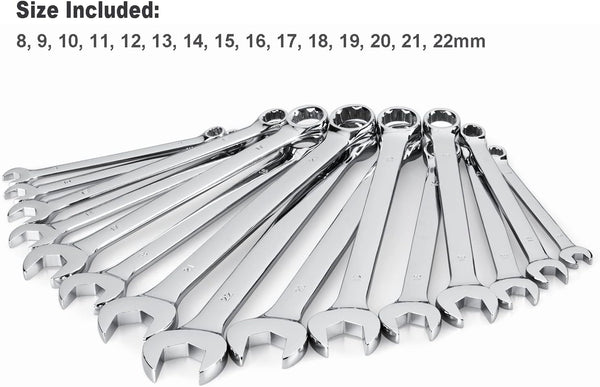 Max Torque 15-Piece Premium Combination Wrench Set, Chrome Vanadium Steel, Long Pattern Design | Include Metric Sizes 8, 9, 10, 11, 12, 13, 14,