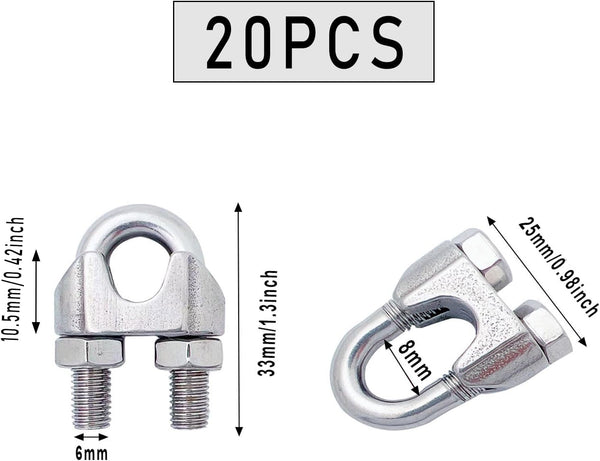 Wire Rope Clip, Luckkyme Wire Rope Clamp 20PCS Stainless Steel 1/4" M6 Wire Rope Cable Clip Clamp