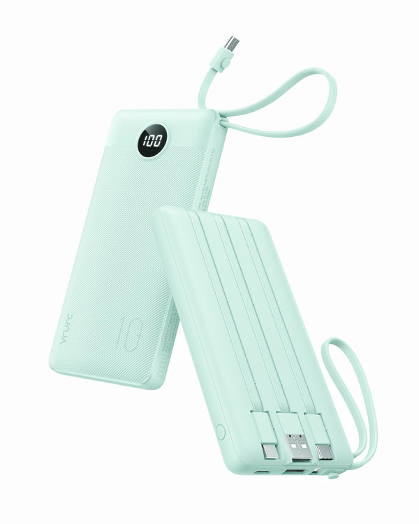 VRURC Portable Charger, Slim Power Bank Built-in 4 Cables, Travel Essential Green
