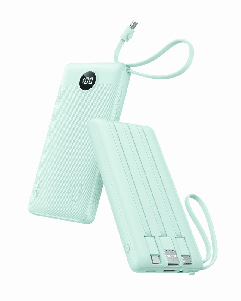 VRURC Portable Charger, Slim Power Bank Built-in 4 Cables, Travel Essential Green