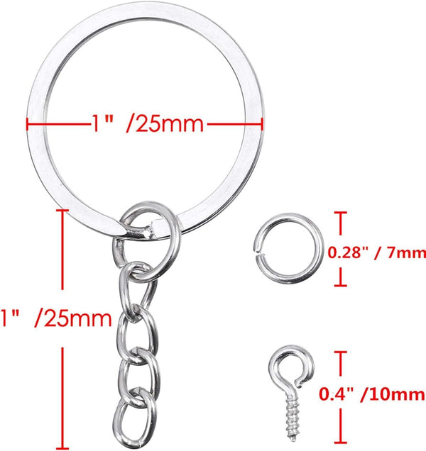 HAUTOCO 100Pcs Keychain Rings with Chain, Open Jump Rings and Screw Eye Pins for Crafts Charm Jewelry Making(1 Inch/25mm) Style-01