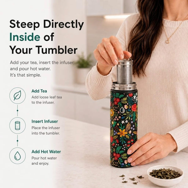 22 oz Ceramic Lined Tea Infuser Travel Tumbler, Micro-Mesh Stainless Steel Infuser, Pure Taste Ceramic Interior, Triple Insulated 12hr Hot Cold,