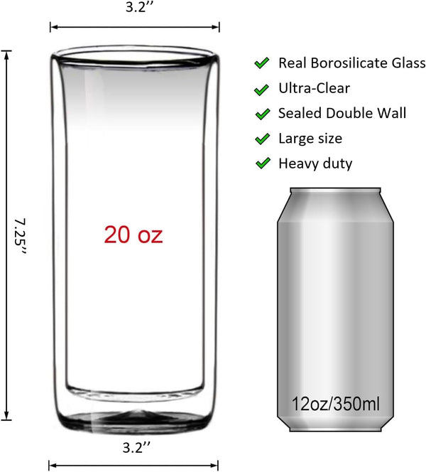 Sun's Tea (Set of 2) 20oz (600ml) Ultra Clear Strong Double Wall Insulated Thermo Glass Tumbler V3 Highball Glass for Beer/cocktail/lemonade/iced