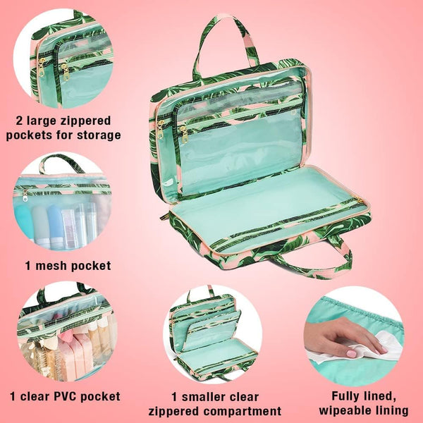 Conair Travel Toiletry Bag - Makeup Bag - Cosmetic Bag -Travel Makeup Bag Pink Palm 1 Count (Pack of 1)