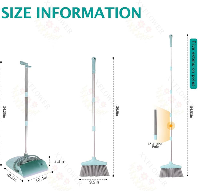 XXXFLOWER Broom and Dustpan Set with Cleaning Teeth, 54.5" Long Handle Indoor Sw