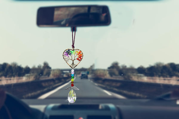 Healing Crystal Decor Tree of Life Car Hanging Accessories Suncatcher with Wings 7 Chakras Window Wall Hanging Decor Meditation Ornaments Home