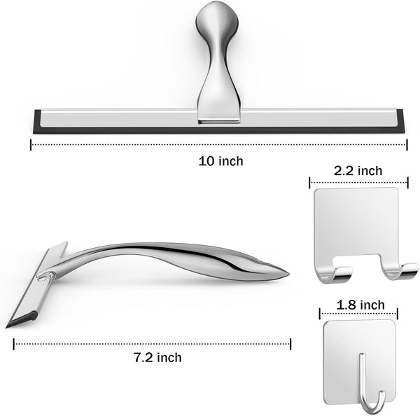 All-Purpose Stainless Steel Shower Squeegee for Shower Glass Door with 2 Adhesive Hooks, Bathroom Cleaner Tool Household Window Mirror Squeegee ,
