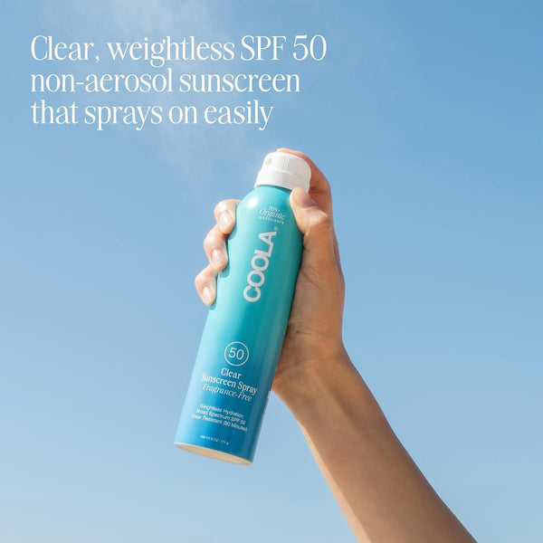 COOLA Organic Sunscreen SPF 50 Sunblock Spray, Dermatologist Tested Skin Care for Daily Protection, Vegan and Gluten Free, Fragrance Free 6 Fl Oz
