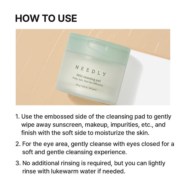 NEEDLY Mild Cleansing Pad, Makeup Remover for Sensitive Skin (60 Pads), Triple Deep Cleansing, Barrier Care with Only Two Surfactants & Panthenol,