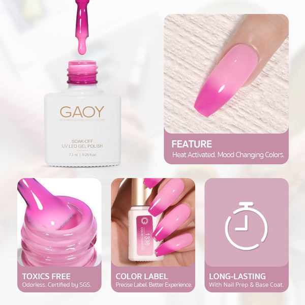 GAOY Color Changing Gel Nail Polish Set, 6 Temperature Mood Changing Colors Red Pink Purple, Soak Off UV Light Cure Gel Polish for Salon and Nail
