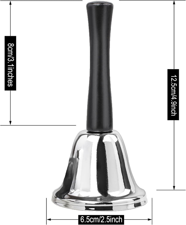 2 Pack Hand Bell, Silver Steel Bell, Ringing Bell with Handle, Dinner Bells for Inside Classroom Bell, for Food Line, Alarm, Jingles, Ringing (Silver)