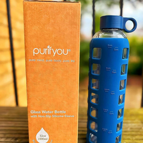 Purifyou Premium 40/32 / 22/12 Oz Glass Water Bottles with Times to Drink and Volume, Silicone Sleeve & Stainless Steel Lid Insert, Reusable for