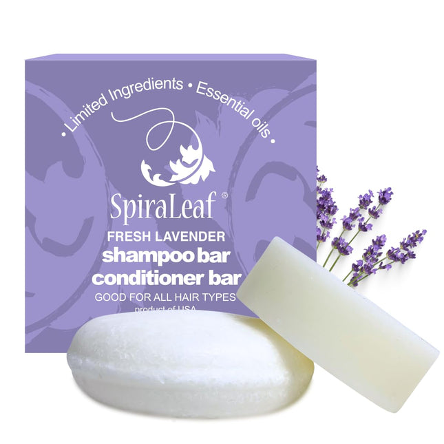 Spiraleaf Shampoo Bar & Conditioner Bar Set, FRESH LAVENDER Pure Essential Oils,