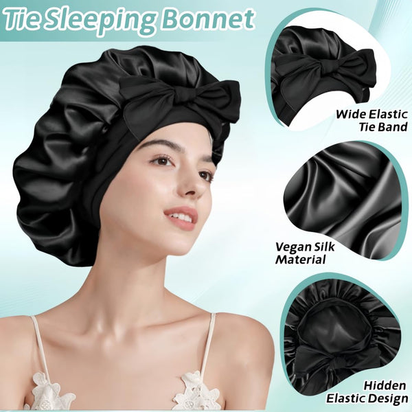 Silk Bonnet for Sleeping Women, Ajustable Hair Bonnet for Curly Hairs Satin Bonnet Reduce Friction Prevent Frizz Black，Large Large Black