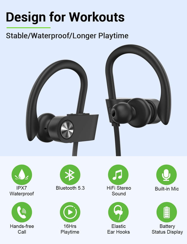 Stiive Bluetooth Headphones, 5.3 Wireless Sports Earbuds IPX7 Waterproof with Mic, Stereo Sweatproof In-Ear Earphones, N