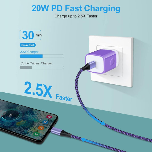 Type C Charger 20W Super Fast USB C Charger Block with 6FT Android Phone Charger Cable Fast Charging for Samsung Galaxy 